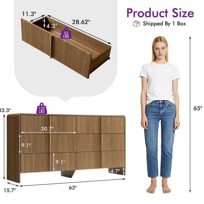 Modern 6 Drawer Dresser with Fluted Front and Curved Corners, 63" Wide Storage Chest with Pine Handles, Brown