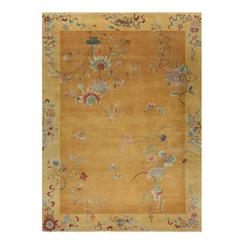Art Deco Hand Knotted Wool Floral Area Rug, Rectangle 5' x 8'