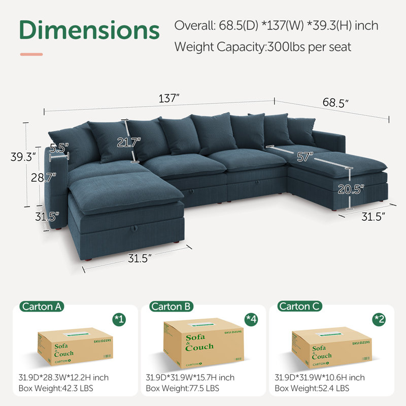 Wynter U-shaped Corduroy Modular Sectional Upholstered Storage Cloud Couch, Blue Corduroy