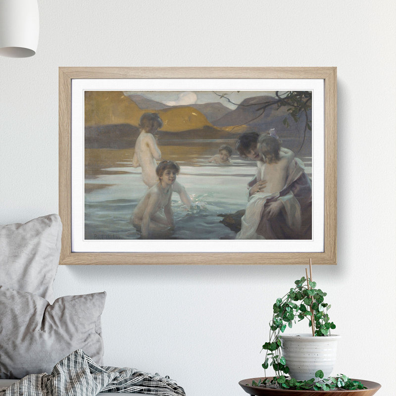 First Bath by Paul Chabas - Framed Print, 48cm H x 65cm W x 2cm D, Oak Framed