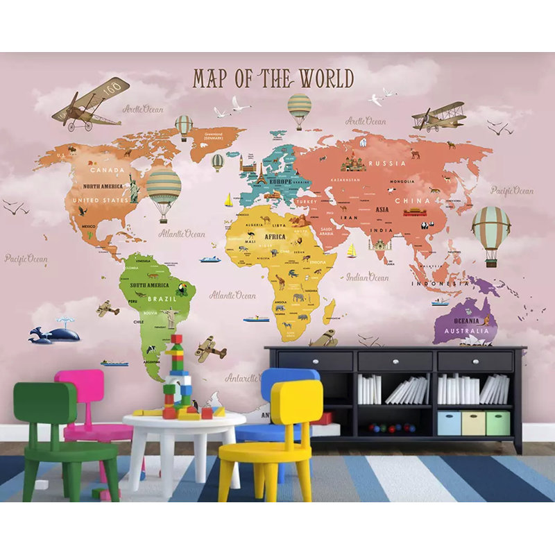 Adhésif mural carte du monde colorée et montgolfière Exley, L 98 po x l 150 po