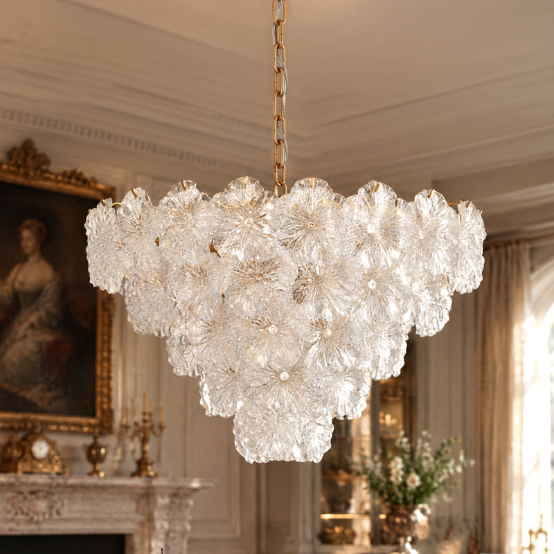 Lustre en verre texturé floral à 5 ​​niveaux, 12 lumières, 76 cm (30 po), laiton antique