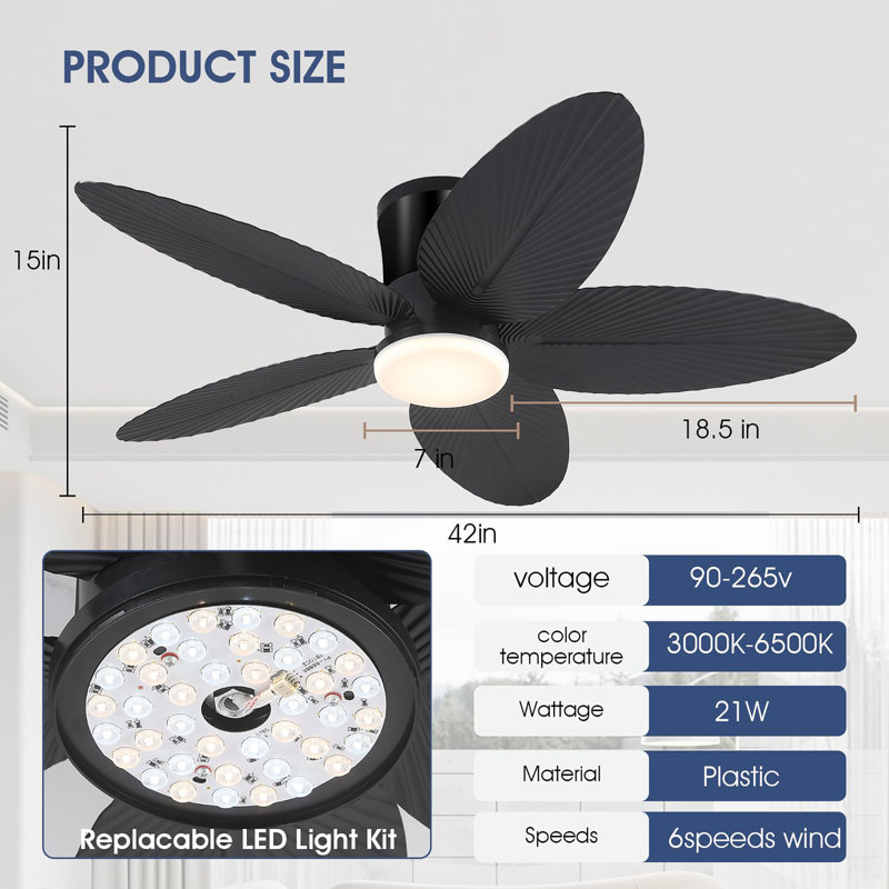 42 inch Tropical Ceiling Fan with Light and Remote/APP Control, Black