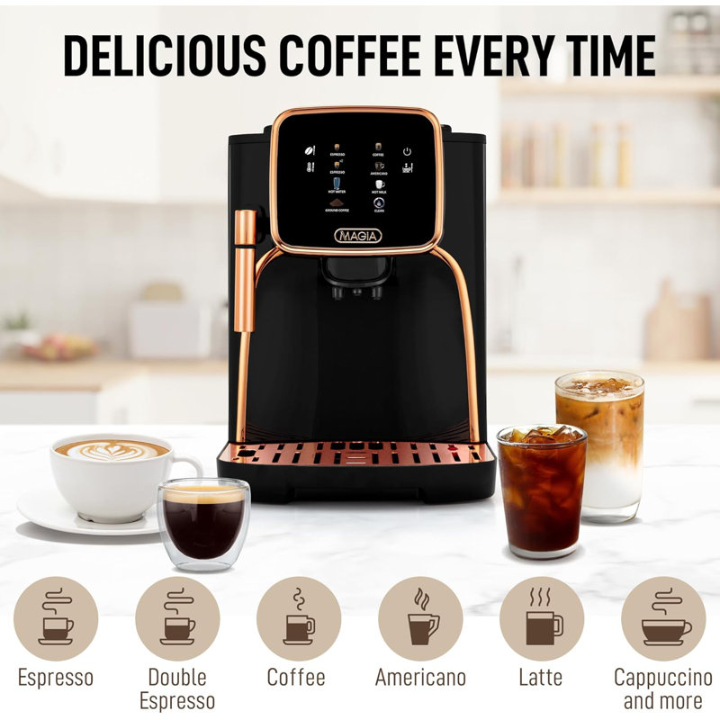 Black and Copper Automatic Espresso Machine with Grinder and Steam Wand