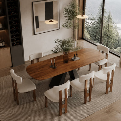 86.6 Inch Wood Dining Table Set with 6 Upholstered Chairs, Modern Wooden Dinner Table with Heavy-Duty V-Shape Black Metal Base for Dining Room & Kitchen