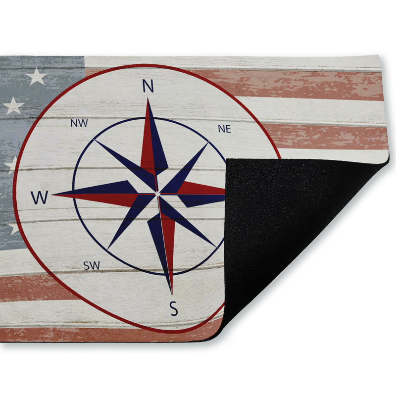 Tapis de porte d'extérieur imprimé drapeau nautique avec boussole, design par Kim Allen, 18 po x 30 po