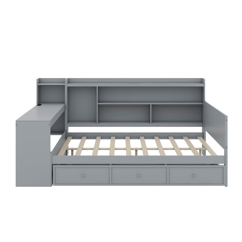 Lit de jour en bois avec tiroirs, ports USB et bureau, Lit double, Gris