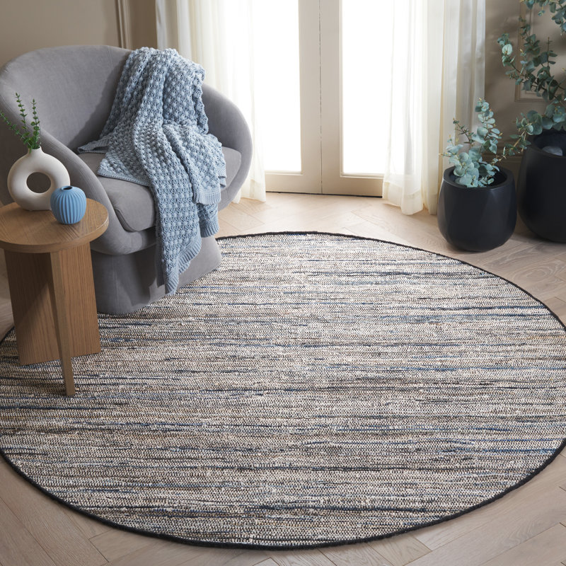 Tapis bleu clair / noir en coton tissé à la main Abinesh, Rond 6 pi