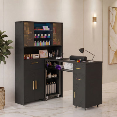 Adalgis 2-in-1 Manicure Table with Dust Collector and Wrist Rest, Profession Nail Desk with Sliding Door Glass Display with LED Light, Drawers, Cabinets, Open Shelves for Nail Technician