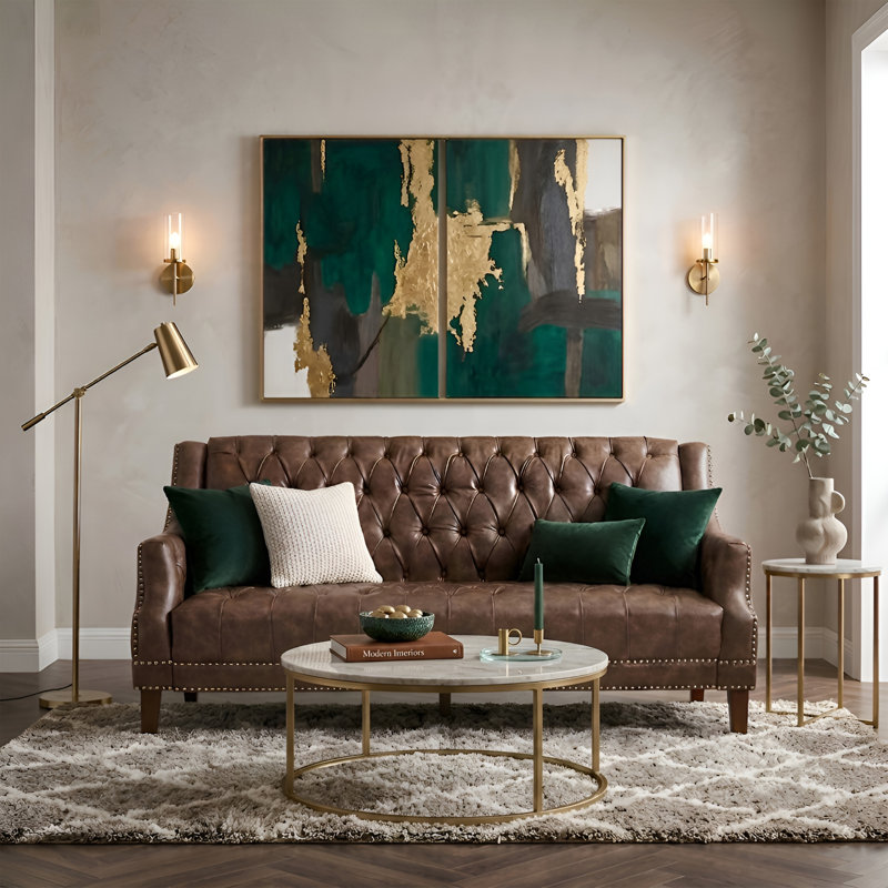 Mid Century Faux Leather Sofa With Solid Wood Legs, Tufted Button Back Sofa For Bedroom/Lliving Room/Guest Room