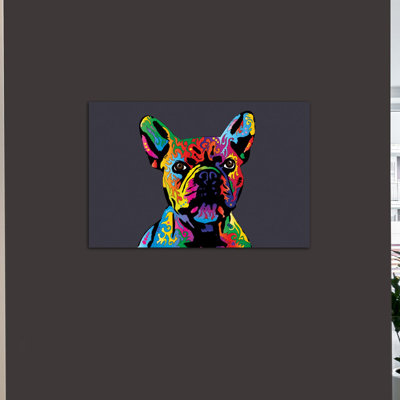 " Rainbow French Bulldog On Grey " by Michael Tompsett