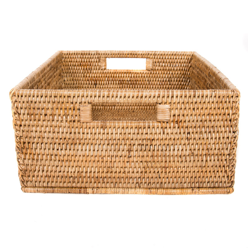 Rattan Rectangular Basket with Cutout Handles, 6" H x 20" W x 16" D, Honey Brown