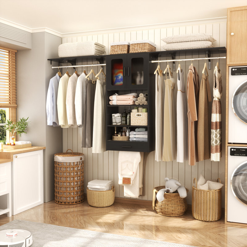 20.5‘’ - 95.7'' W Wall Cabinet with Drawer, Door and Hanging Rods, Brown
