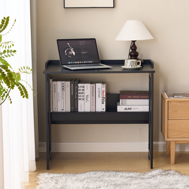 Folding Table With Storage Shelf,32.6 Inch Foldable Computer Desk For Small Spaces,Small Writing Desk For Bedroom  Home Office Dorm And Apartment,Black