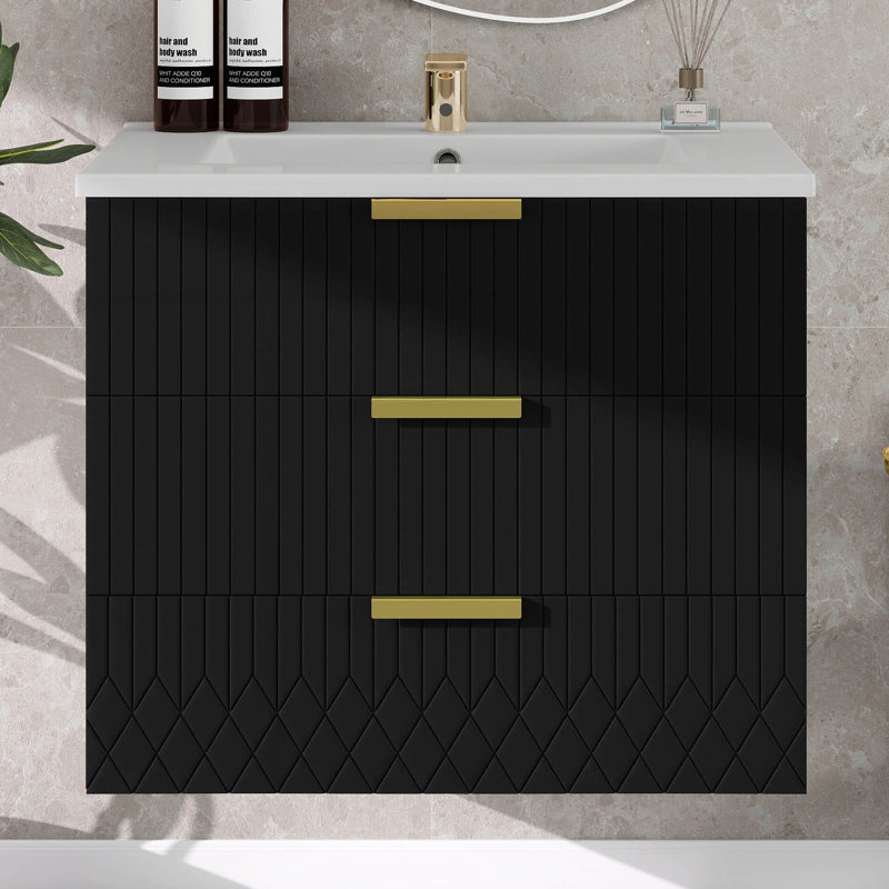 Meuble-lavabo mural 24 po avec lavabo, meuble-lavabo mural, système de fermeture en douceur, 2 grands tiroirs, Noir