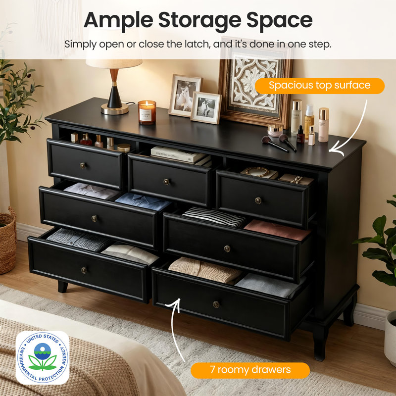 Blane Solid Wood 53.1 " W 7 - Drawer Dresser, Black
