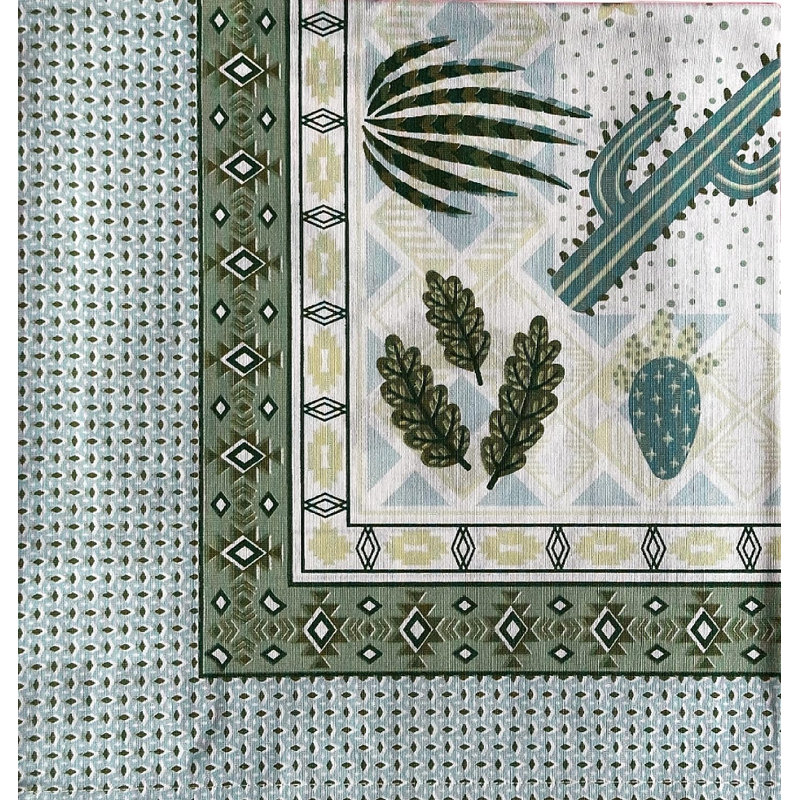 Table topper with tropical print in shades of green color. Size 40 inch Square, Cactus