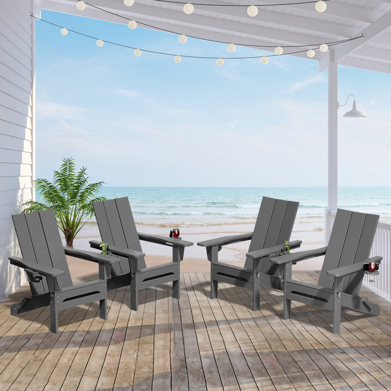 Chaise Adirondack pliante en polyéthylène haute densité Wolak avec porte-gobelet double (ensemble de 4), Gris foncé