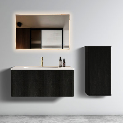 Meuble-lavabo de salle de bain 36 po: noir rayé, lavabo en céramique blanche - raccord mural en U pré-assemblé de 36 po
