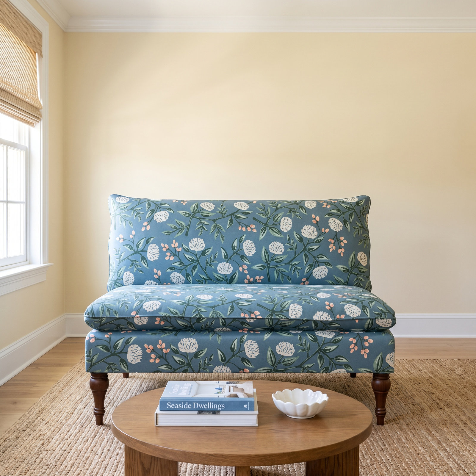 Rifle Paper Co. x Cloth & Company Louie Settee, Rpc Hawthorne Multi Linen, Espresso Wood