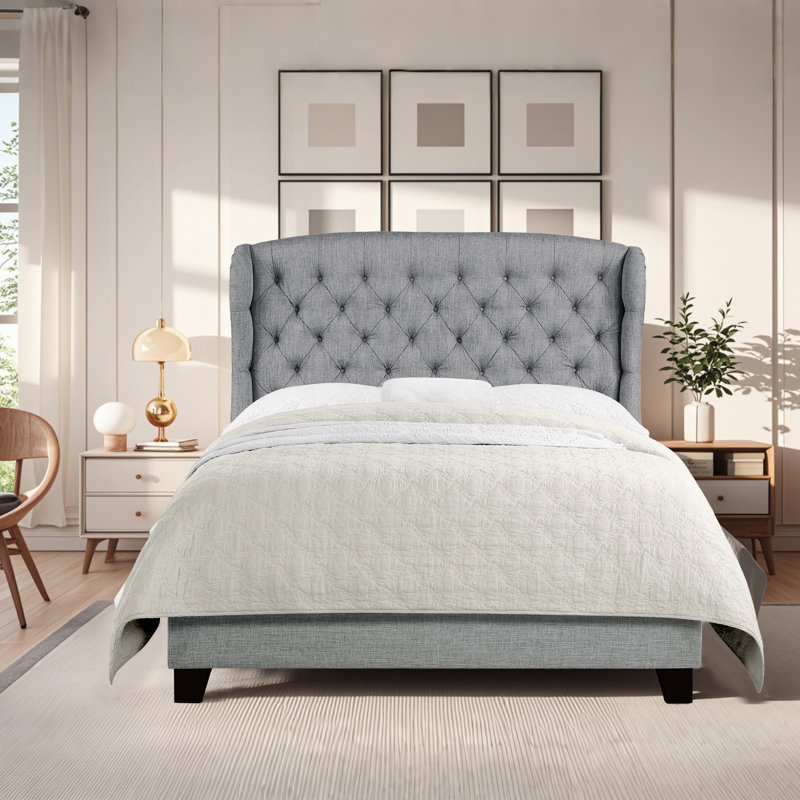 Lit plateforme tapissier Virginia, Gris clair, Lit simple