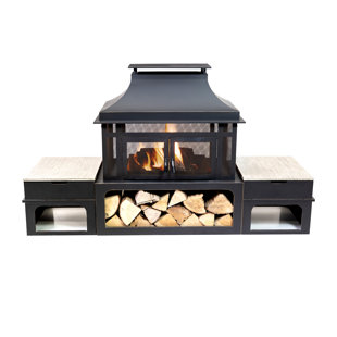 Deko Living Rimasco 80 Inch Rectangular Outdoor Steel Wood Burning Fireplace with Log Storage, Poker and Side Tables