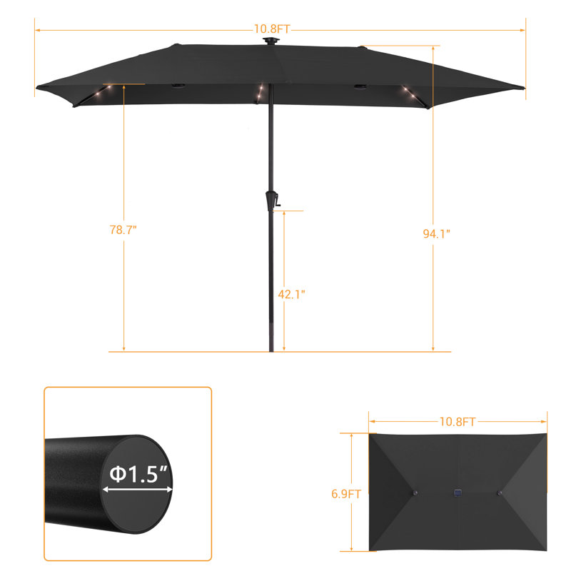 Parasol de terrasse à double face 11x7Ft, Noir, noir, noir, noir