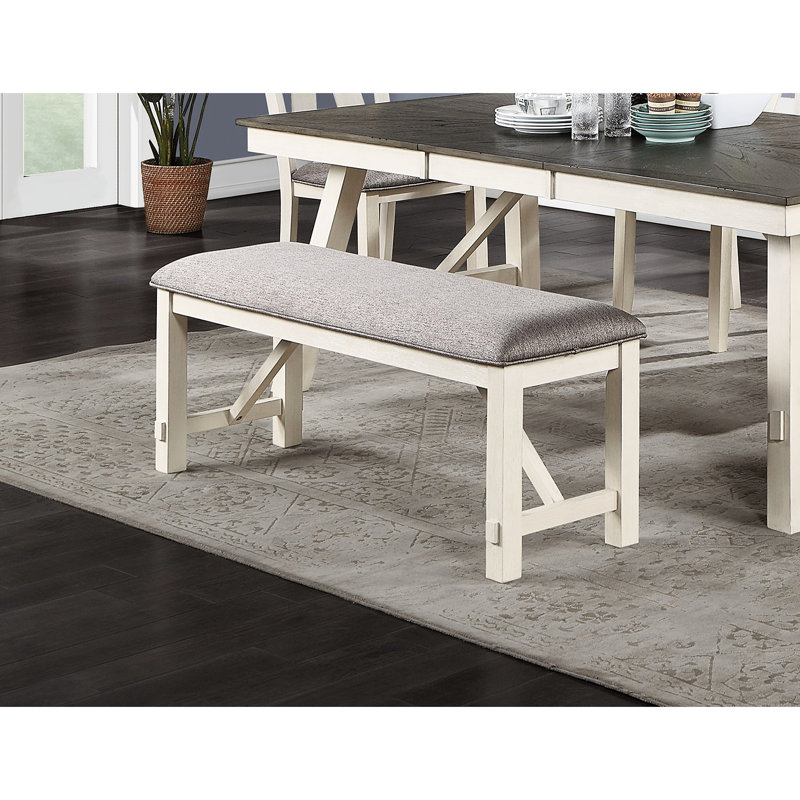 Modern Style Bench For Dining With Grey Fabric And White Frame, Upholstery Lines,