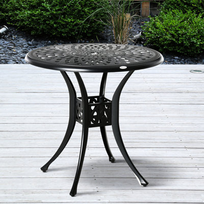 Table ronde de 30 po pour l'extérieur avec trou pour parasol, table de bistro de patio en fonte d'aluminium antique, noire. Fabrication robuste, trou de revêtement anti-rayures, structure, entretien facile