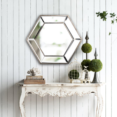 Gorgeous Silver Finish 21" X 18" Hexagon Wall Mirror, Home Decor - Living Room, Entryway, Bedroom Decorative Mirror In Attractive