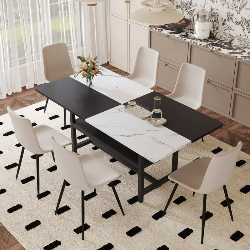 Table And Chair Set.71*35.4 Inch  And  Spliced Dining Table With Storage Function In The Middle Of The Table Legs.Paired With 6  Artificial PU Chairs With Curved Widened Cushion Design.