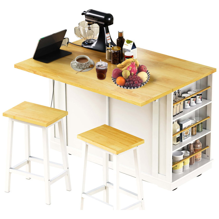 48Inch Large Kitchen Island With 2 Bar Stools, Power Outlet, Door Internal Storage Rack, Kitchen Storage Cart On 5 Wheels With Drop Leaf, 5 Open Side Racks, 2 Drawers,For Kitchen,Dining Room