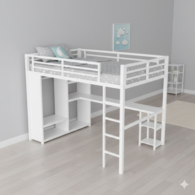 Structure de lit mezzanine pour grand lit avec garde-robe intégrée. La fabrication en métal comprend un bureau et des tablettes de rangement. Finition blanche.