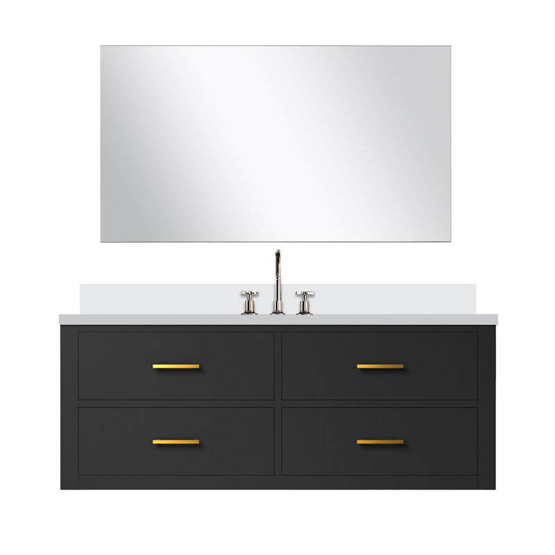 Castor 48" W x 22" D Single Bath Vanity, 43" Mirror & Chrome Faucet Set, Black, White Quartz