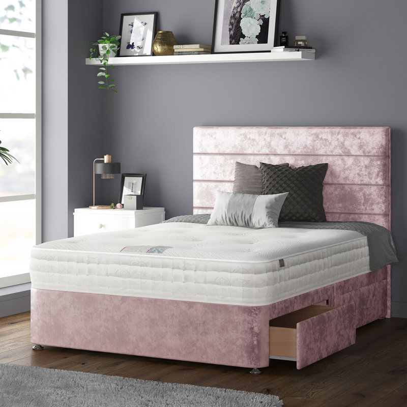 Kiara Stripped Floor Standing Headboard With Divan Base 4 Drawers Crush Velvet Cream With And Metal Feet (Double), 4 Drawers