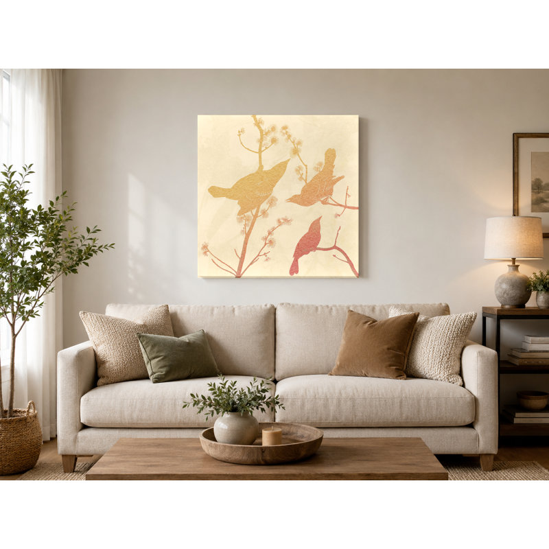 Trois oiseaux sur des branches en fleurs - art mural carré sur toile, 12" W x 12" H