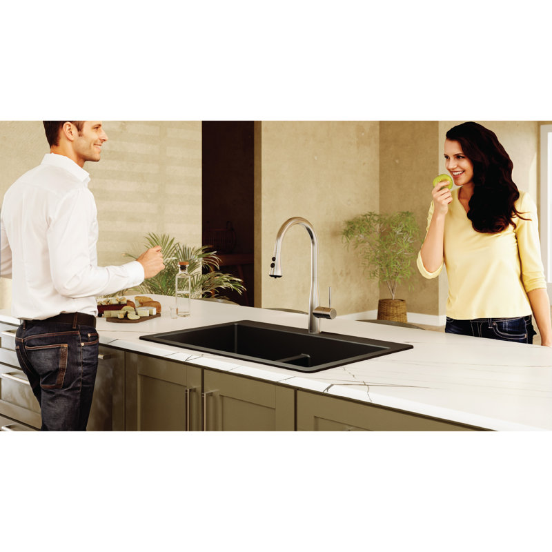 Karran Quartz 33'' X 22'' 50/50 Double Bowl Composite Drop-in Kitchen Sink, Black