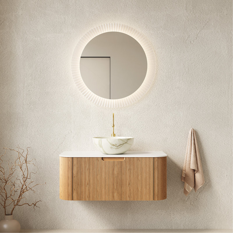 Meuble-lavabo 36 po, meuble-lavabo rayé à bords arrondis avec tiroir, cuve en céramique blanc mat et plateau en pierre frittée blanche, grain de bois naturel pré-assemblé