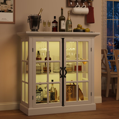 Vitrine 43 po à DEL avec tablettes réglables, vitrine en verre rétro, vaisselier avec portes en verre trempé, armoire à vin avec porte-verres à vin pour le salon, vestibule