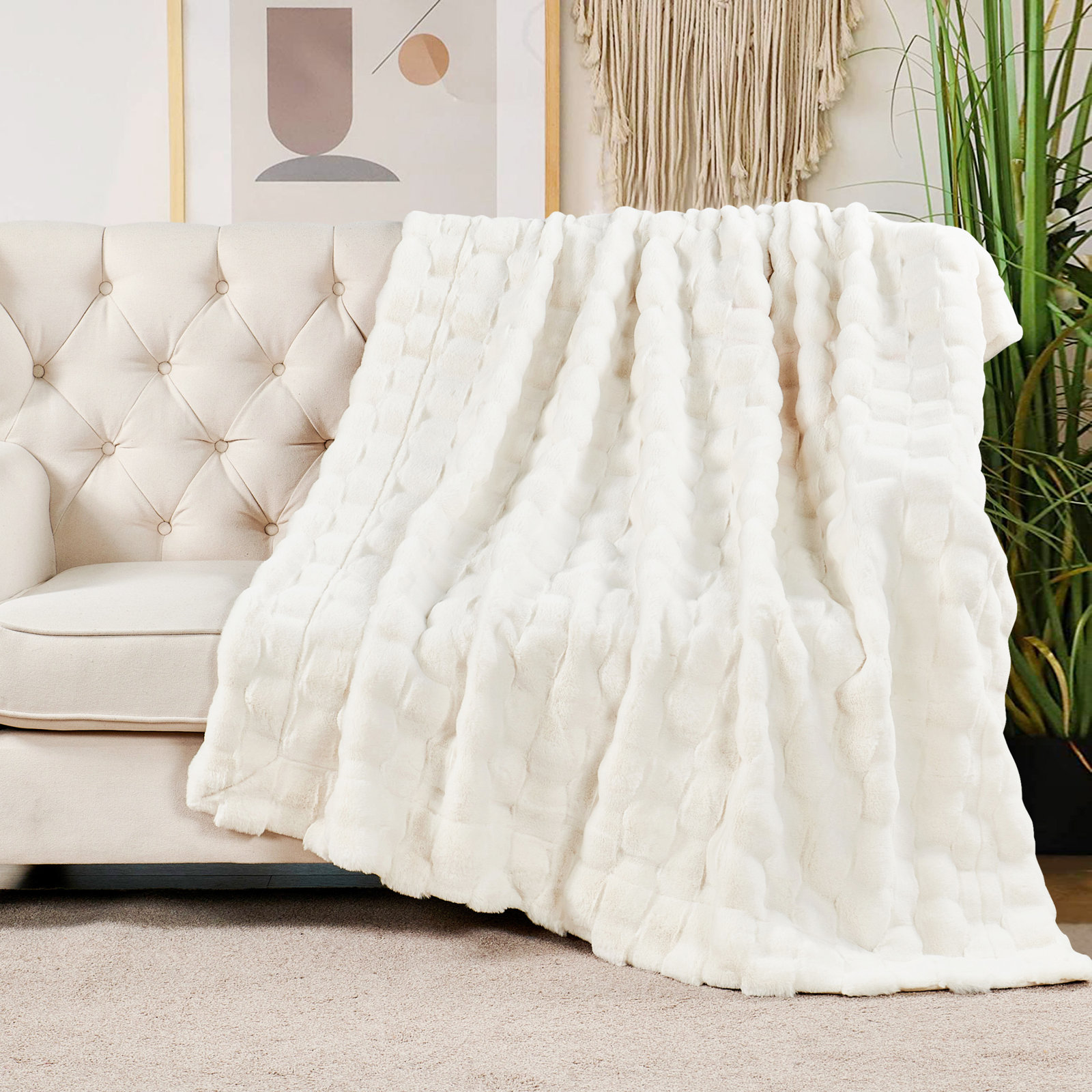 Biscoe Faux Fur Knitted Throw Blanket, White, 60"W x 70"L