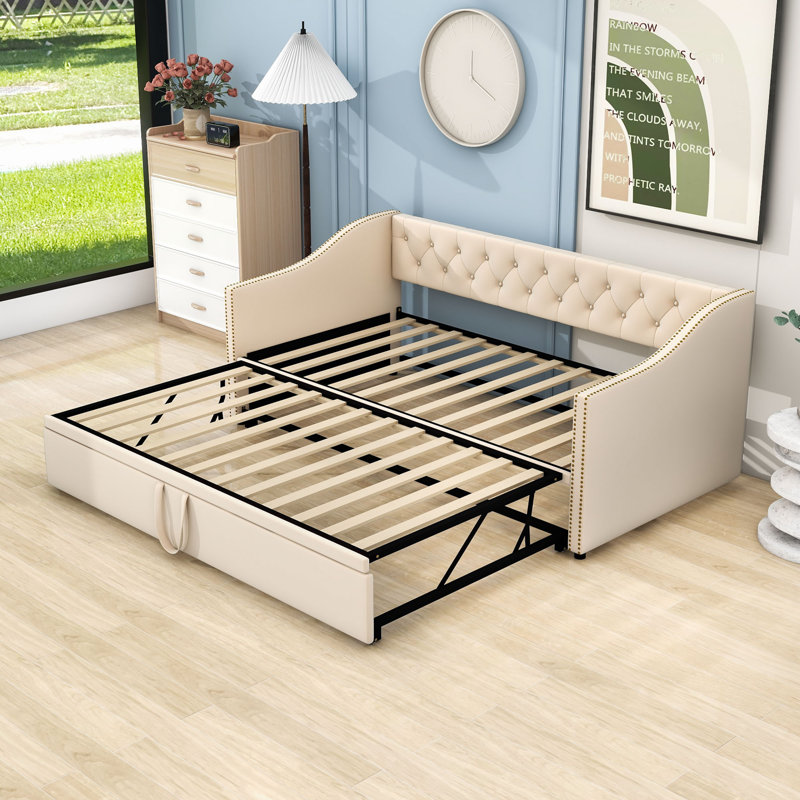 Twin Velvet Daybed with Pop-Up Twin Trundle, Beige
