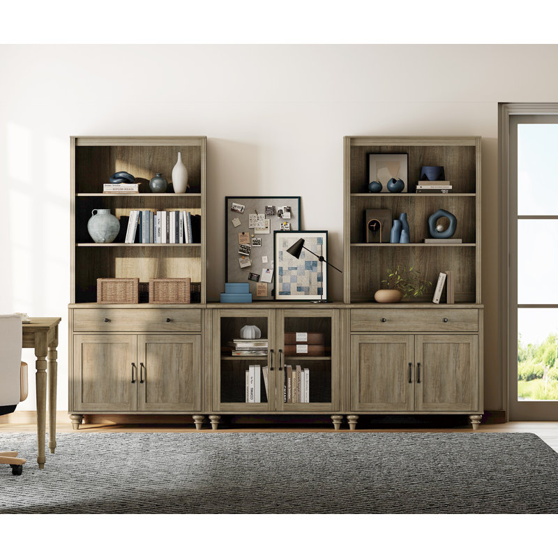 Buffet avec bahut, buffet avec deux portes en bois, deux portes en verre et deux tablettes à 3 niveaux, gris délavé, 101 po