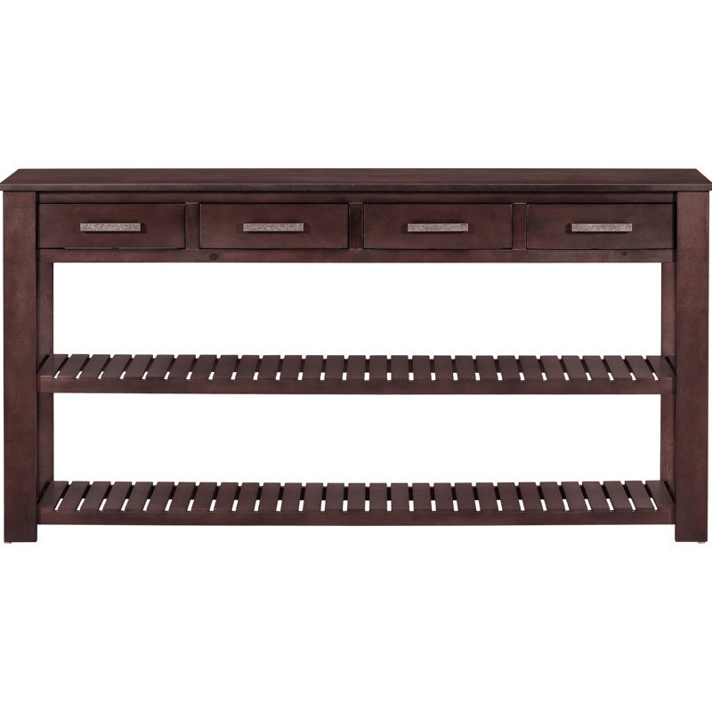 Élégante console en U pour le salon, 4 tiroirs et 2 tablettes, esthétique minimaliste rétro et bois de pin, petite entrée de rangement avec look, guide d'installation facile