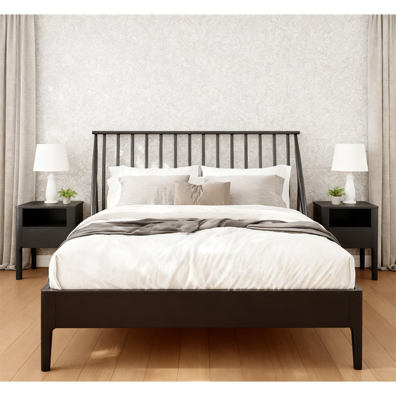 Lit plateforme en bois de bambou massif avec tête de lit haute de 46,5 po, Noir, Grand