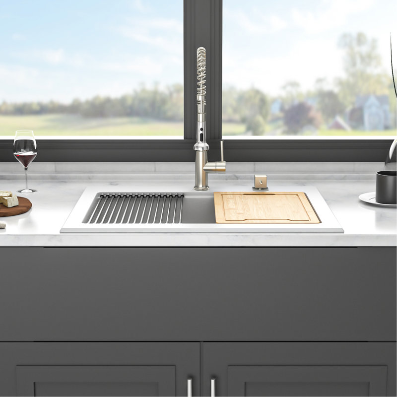 30X22" White Quartz Drop - In Kitchen Sink Workstation, High End Composite, Rounded Corners For Easy Cleaning, Smooth Surface, , Comes With Drying Rack And Strainers Corners, Reduces Dirt, Bottom