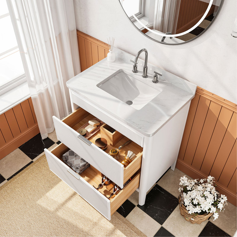 Ensemble de meuble-lavabo autoportant blanc entièrement assemblé de 30 po avec construction en bois massif et plateau en marbre d'ingénierie