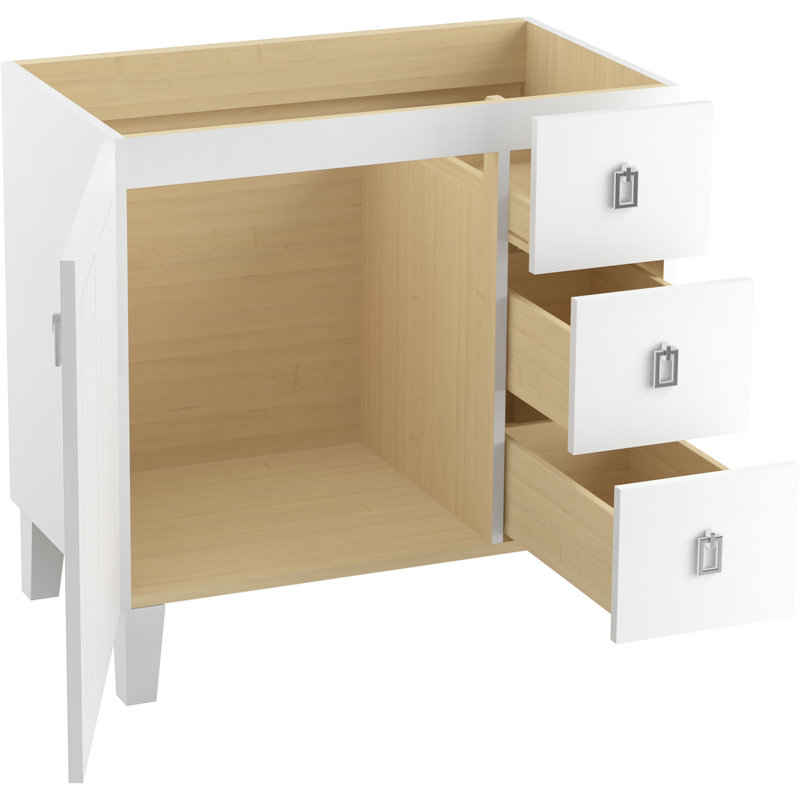 Poplin® 36 In. Vanity with Furniture Legs, 1 Door and 3 Drawers on Right, Linen White
