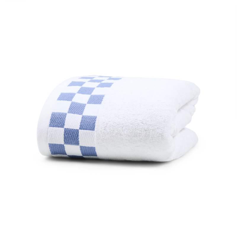 Bath Towel With French Blue Check Border, White/Blue