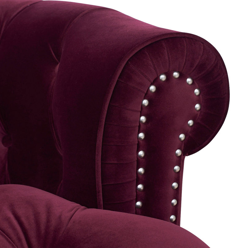 Joannes Velvet Rolled Arm Chesterfield, Burgundy, 32" H x 83.5" W x 38" D