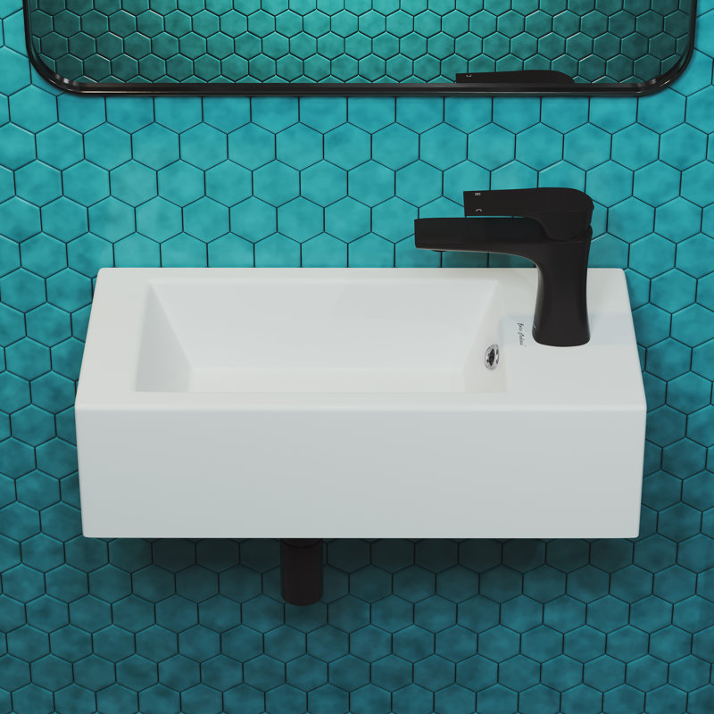 Lavabo mural rectangulaire en céramique avec fixation pour robinet Voltaire, Fixation de robinet à droite, Blanc lustré